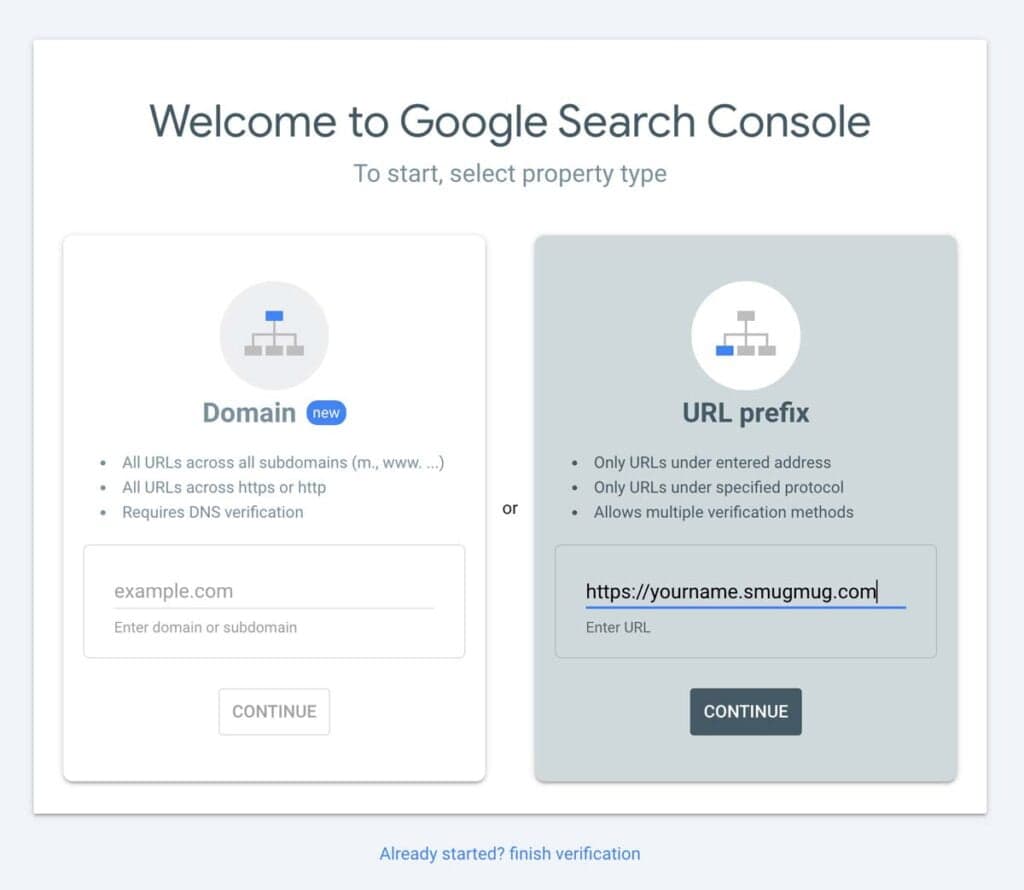 Adding SmugMug URL to Google Search Console
