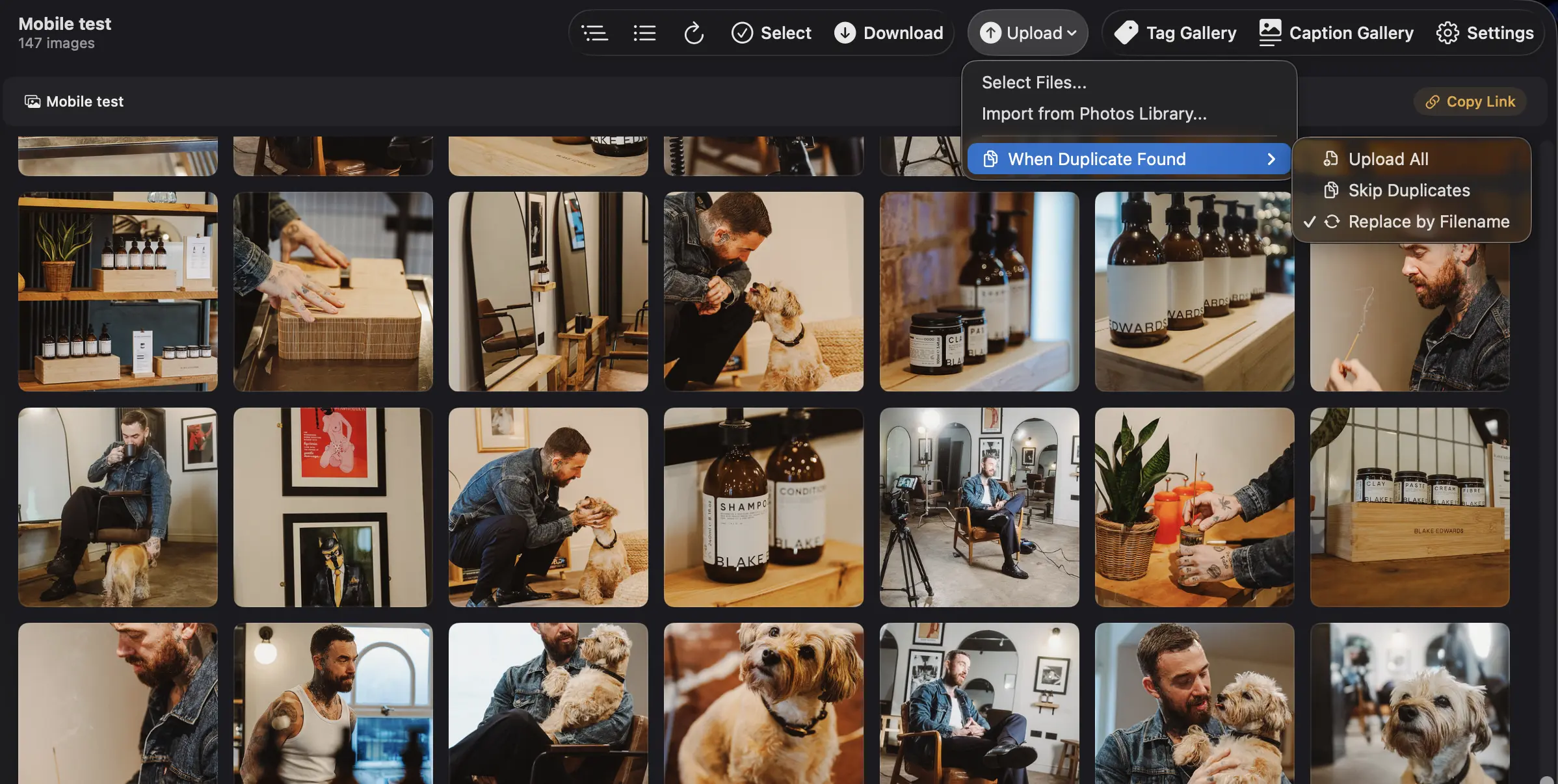 Upload menu showing the three duplicate handling options: Upload All, Skip Duplicates, and Replace by Filename