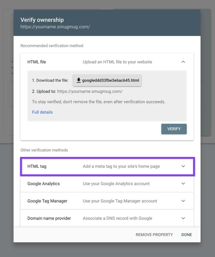 Google Search Console HTML tag verification