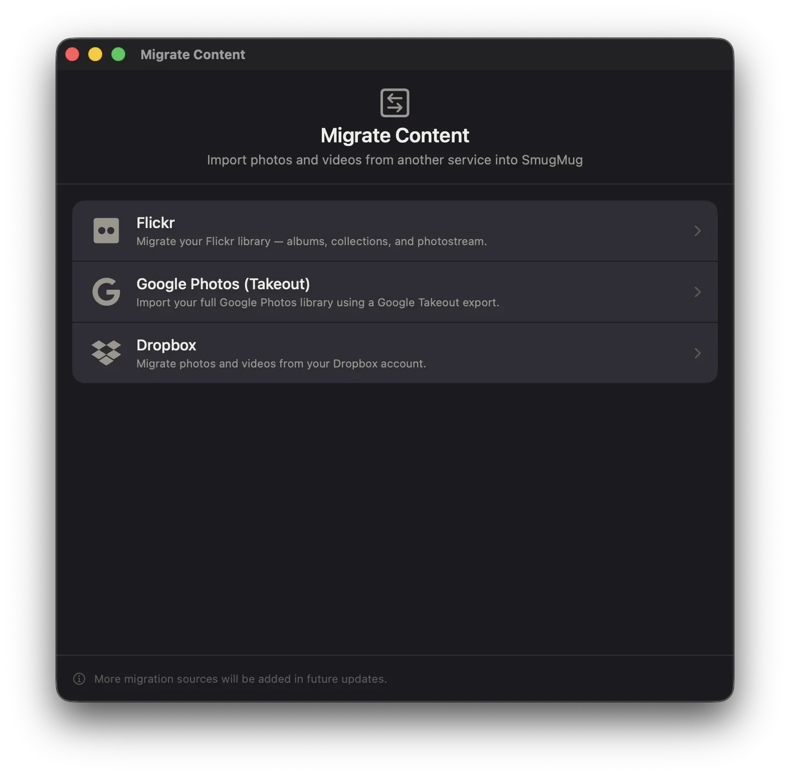 Migrate Content window showing Flickr, Google Photos, and Dropbox as migration sources