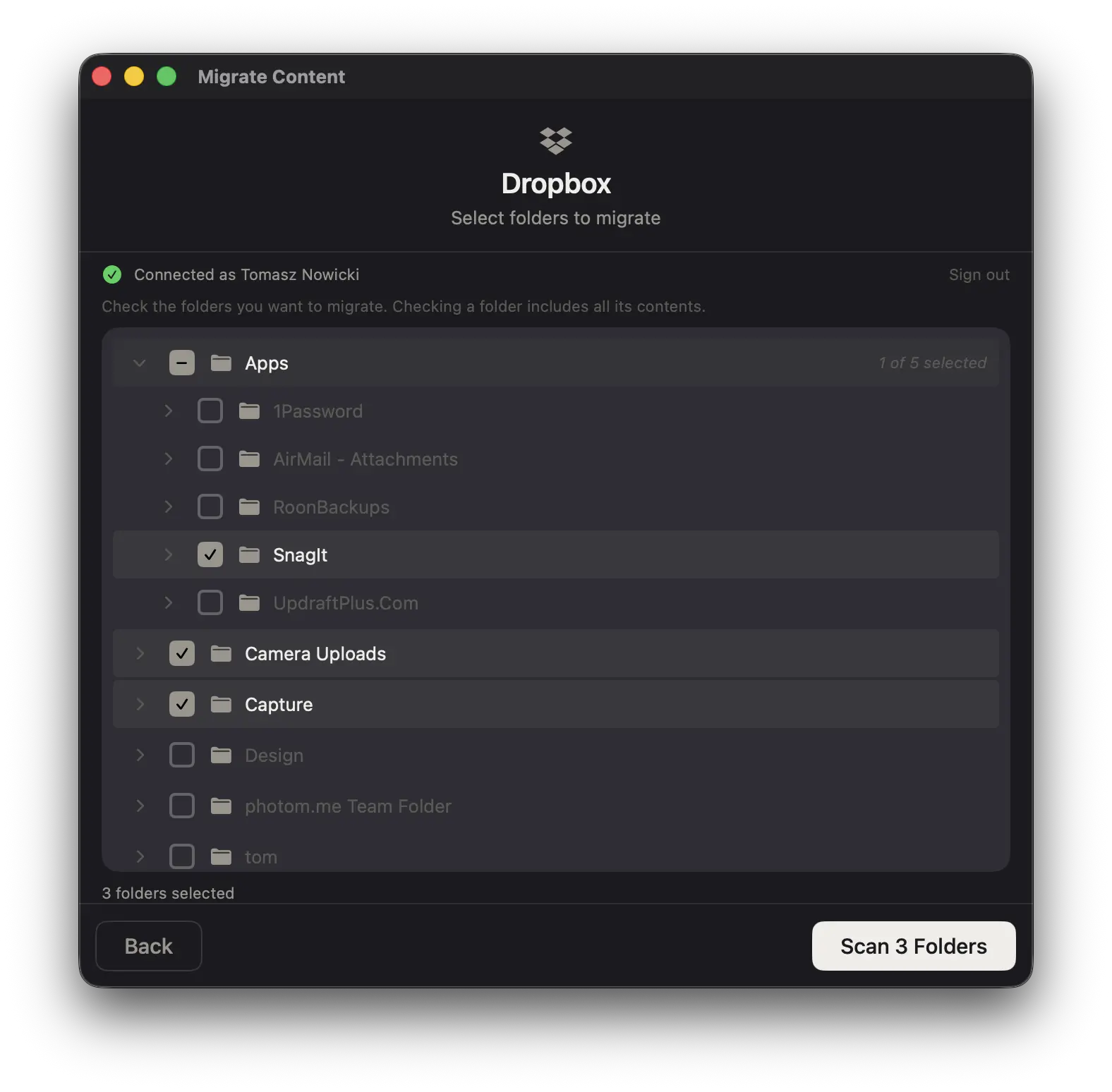 Dropbox folder selection with checkboxes in Folio