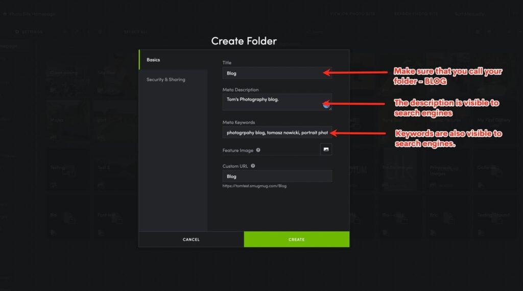 SmugMug folder settings dialog