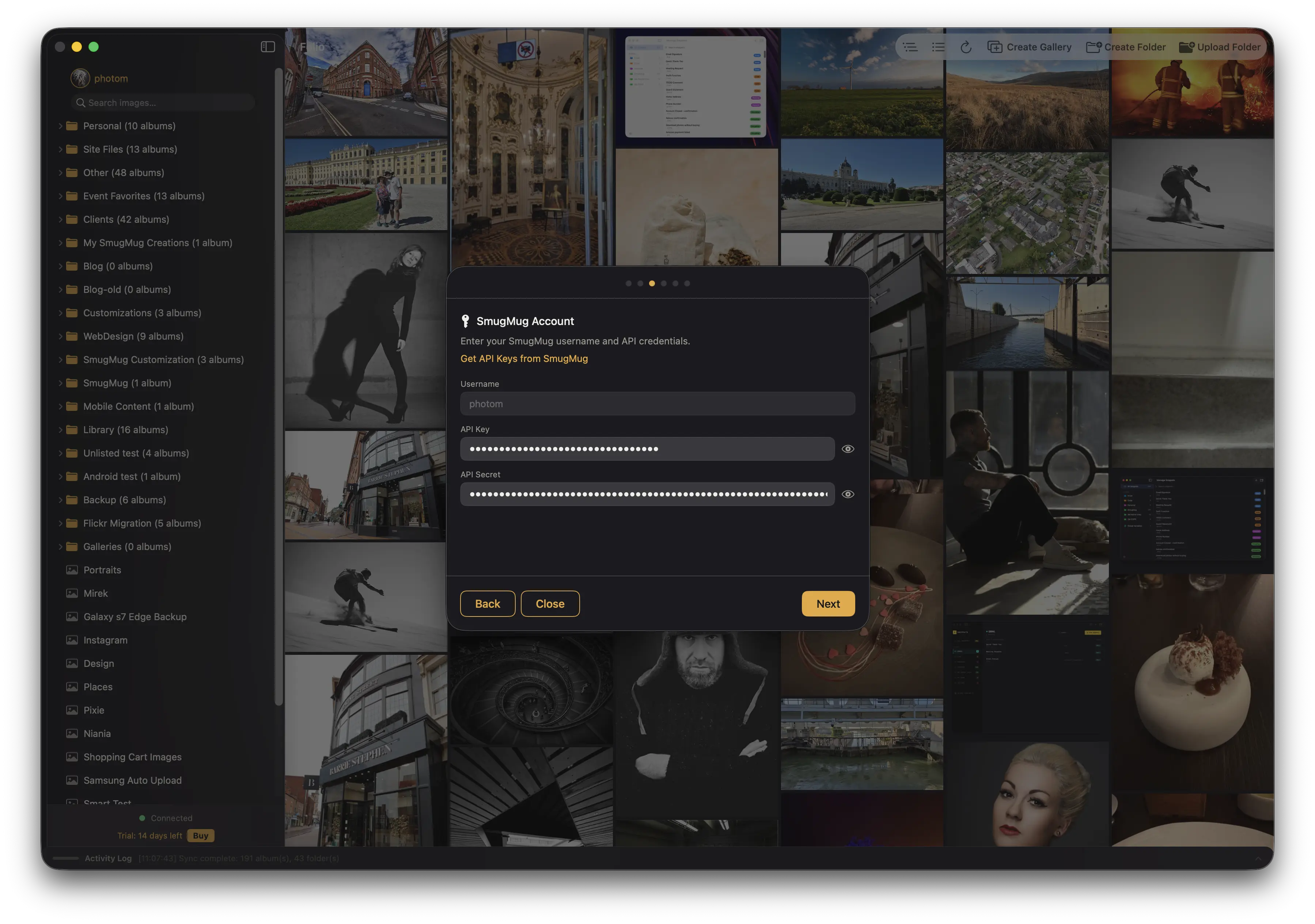 The API credentials step in the setup wizard