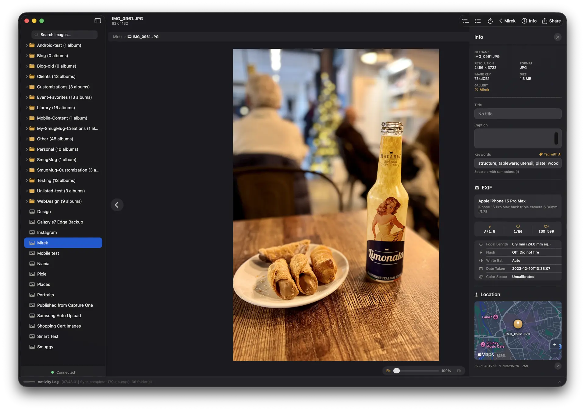 Photo viewer with EXIF info panel
