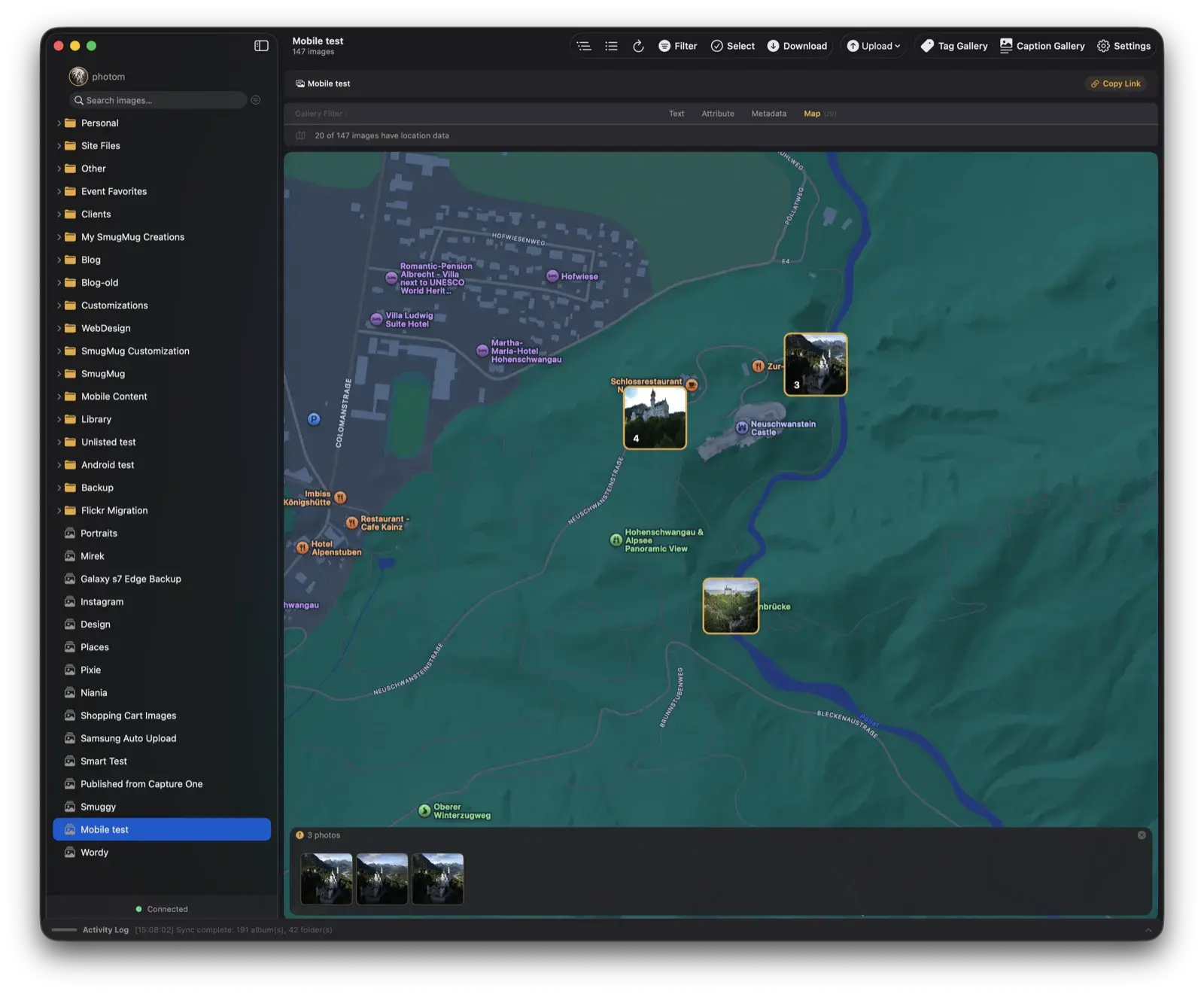 Folio Map View showing geotagged photos as thumbnail pins on an interactive Apple Maps view