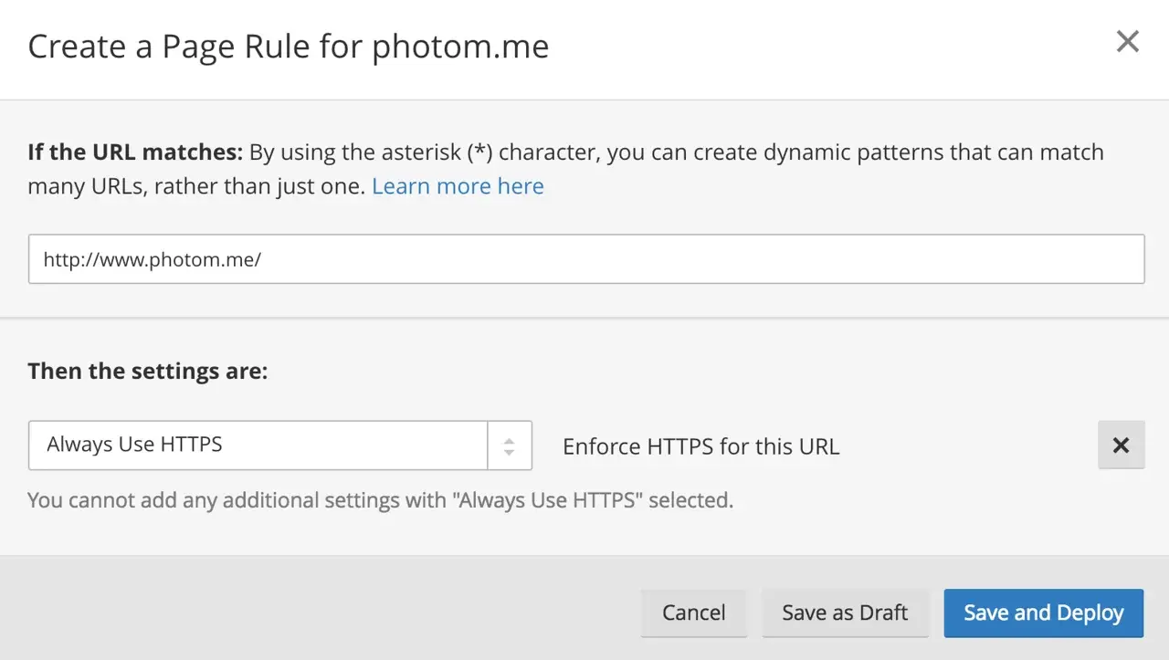 Page Rule configuration for HTTPS enforcement