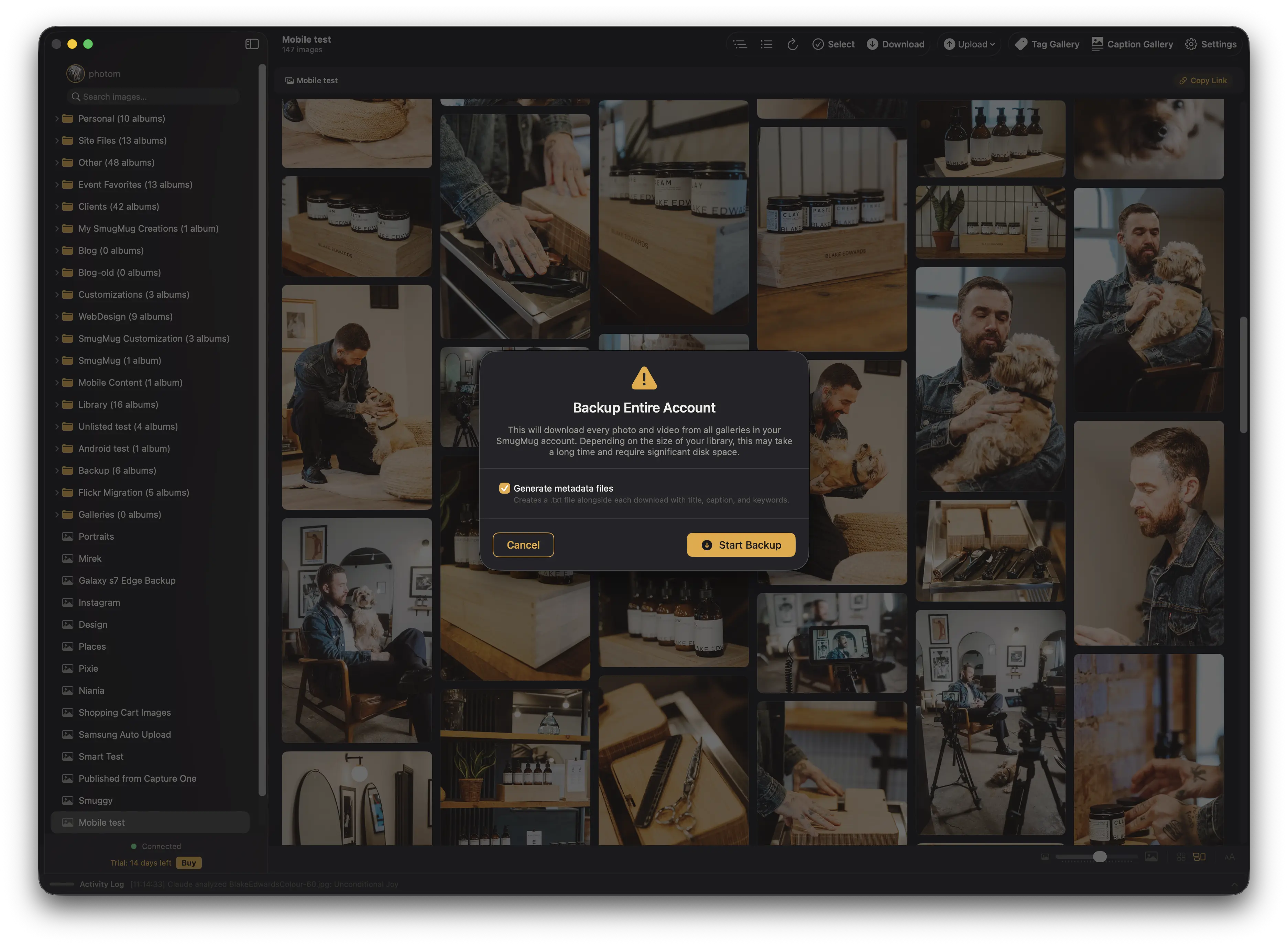 The backup confirmation sheet in Folio
