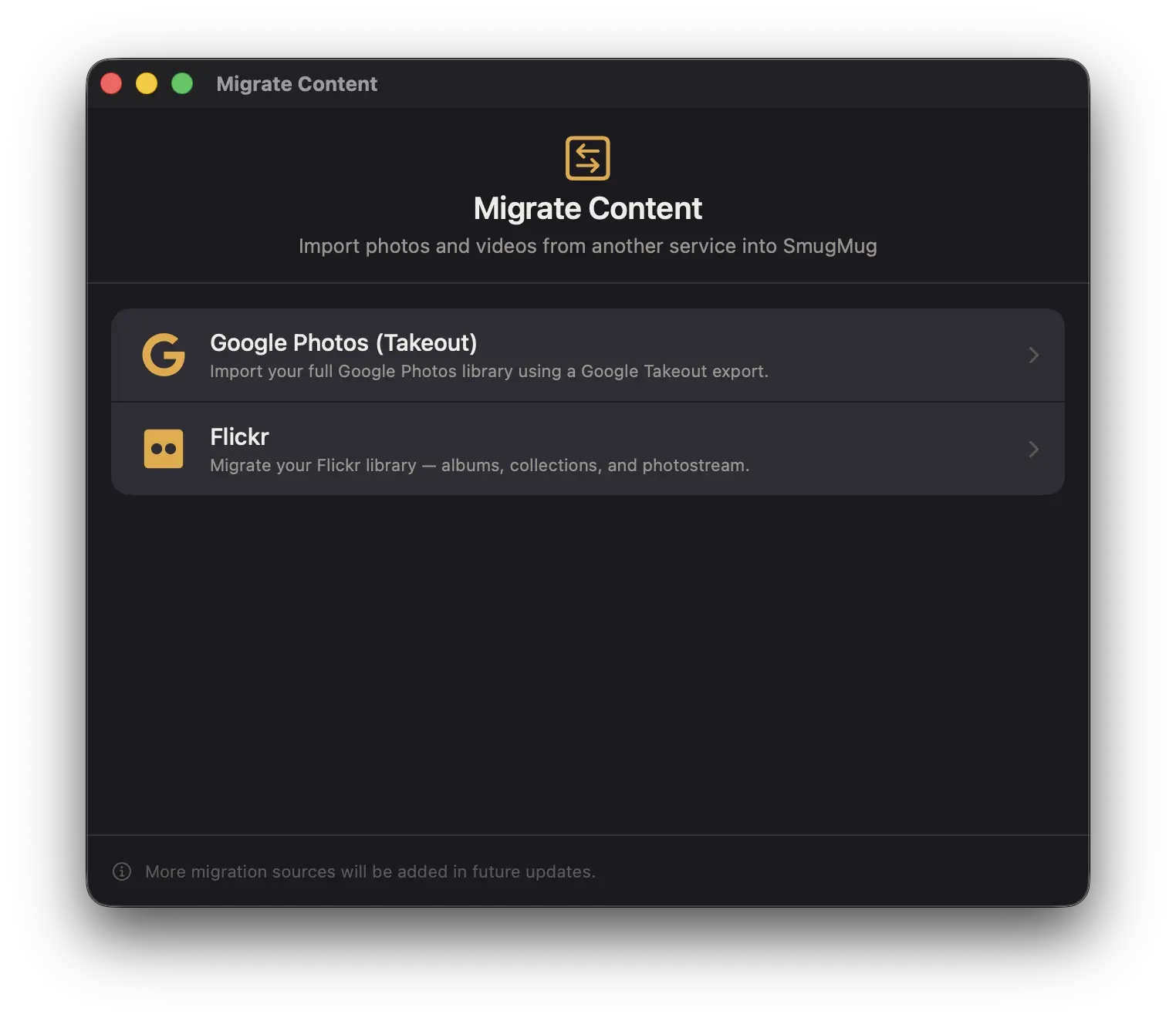 The migration source picker in Folio