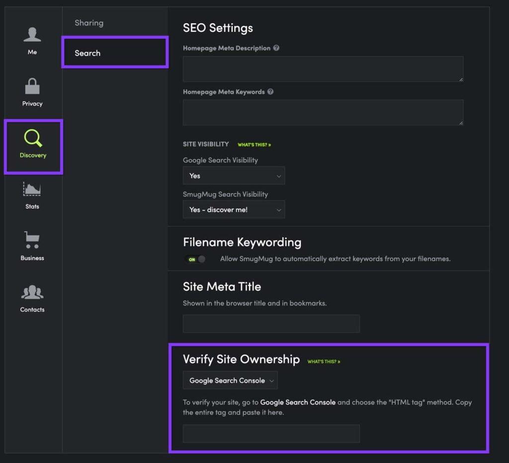 Verifying SmugMug with Google Search Console